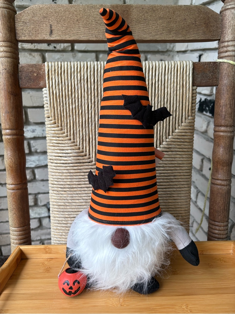 Halloween Gnome with Orange & Black Stripe Hat with bats